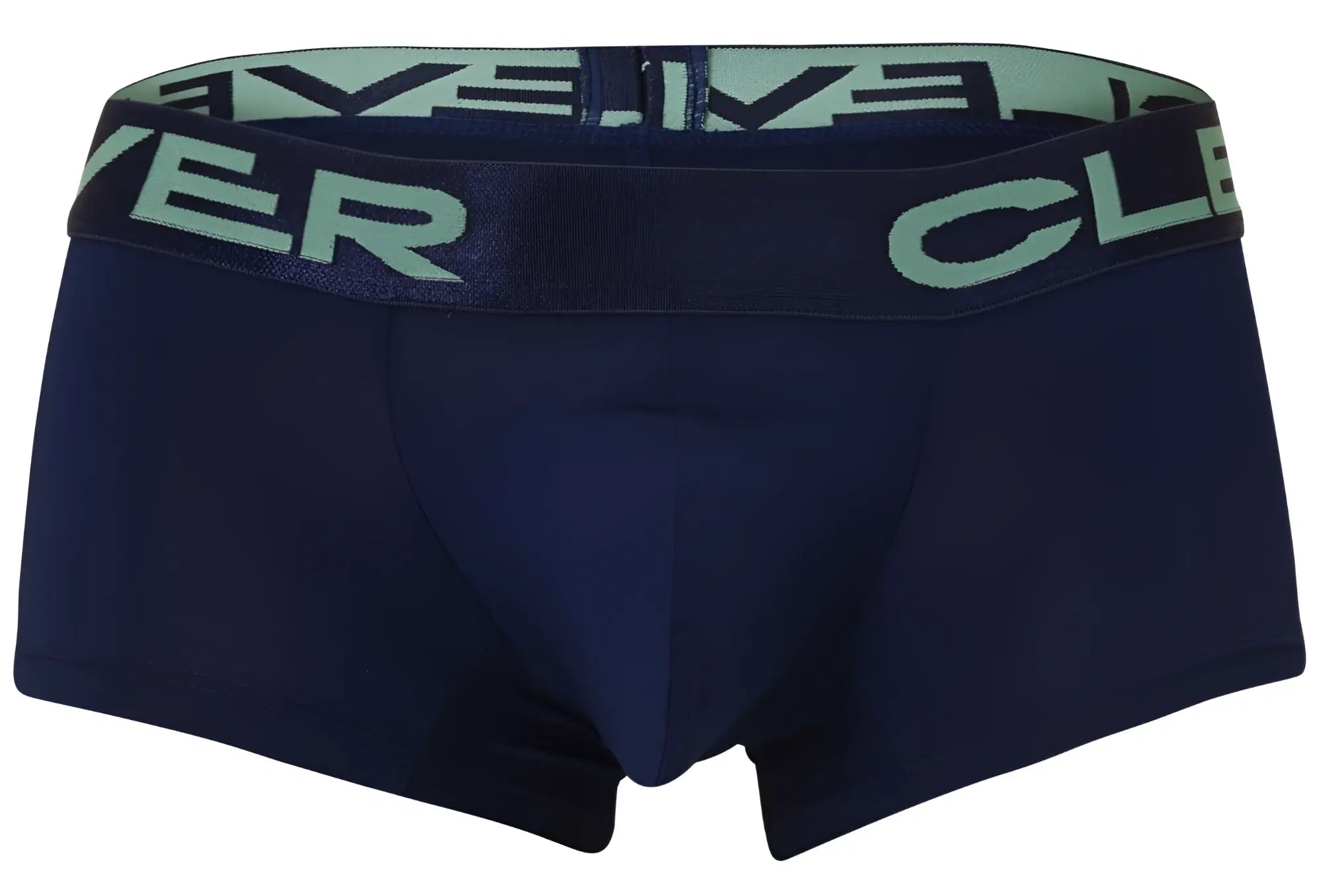 Navy blue clever boxer briefs with light green elastic waistband featuring bold brand name for comfortable wear
