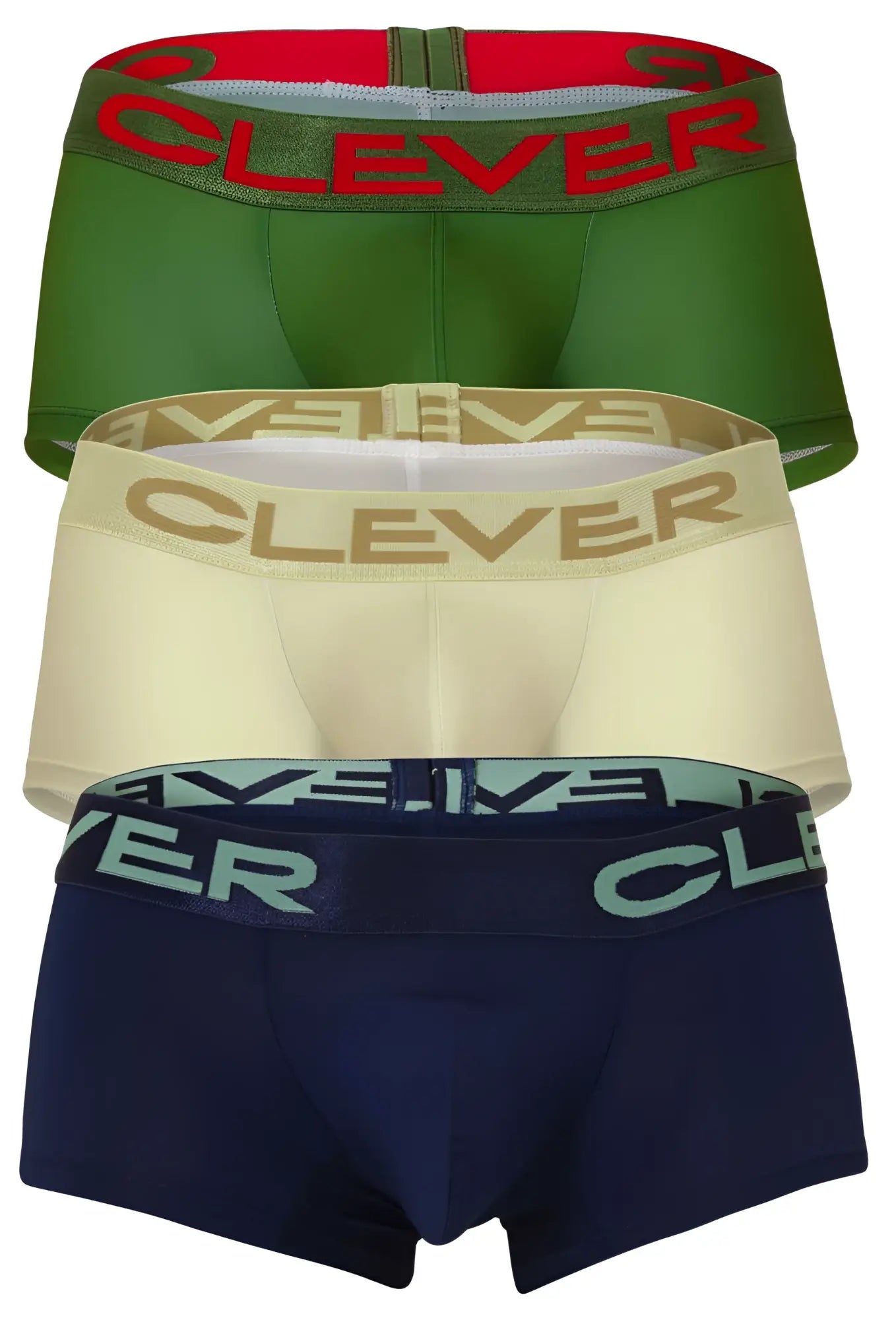 Three pairs of clever australian latin trunks in beige blue and green with matching logo elastic waistbands