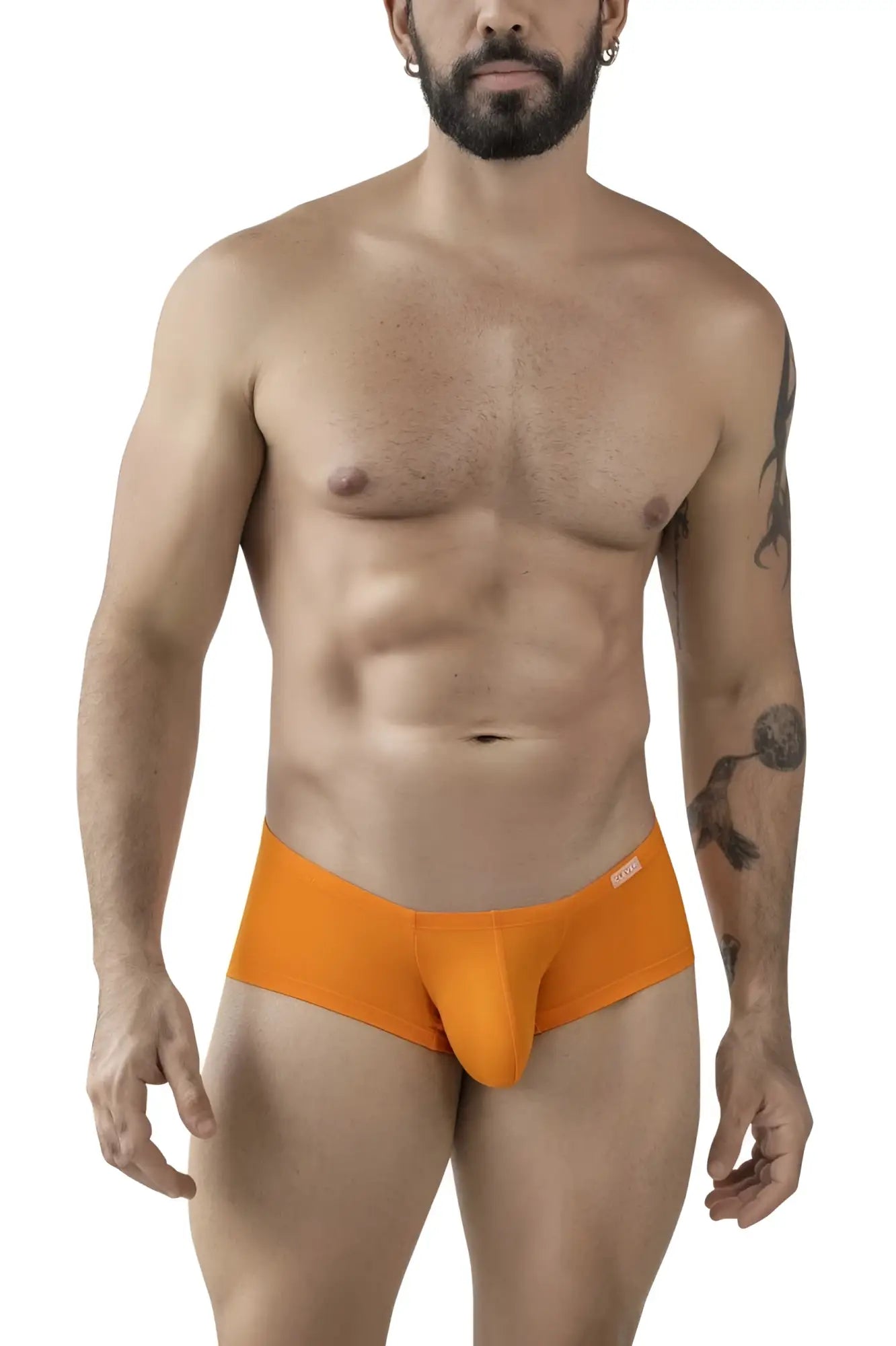 Bright orange form-fitting men’s briefs with smooth fabric and small logo on the waistband from clever 229956 12PK multi-colored trunks