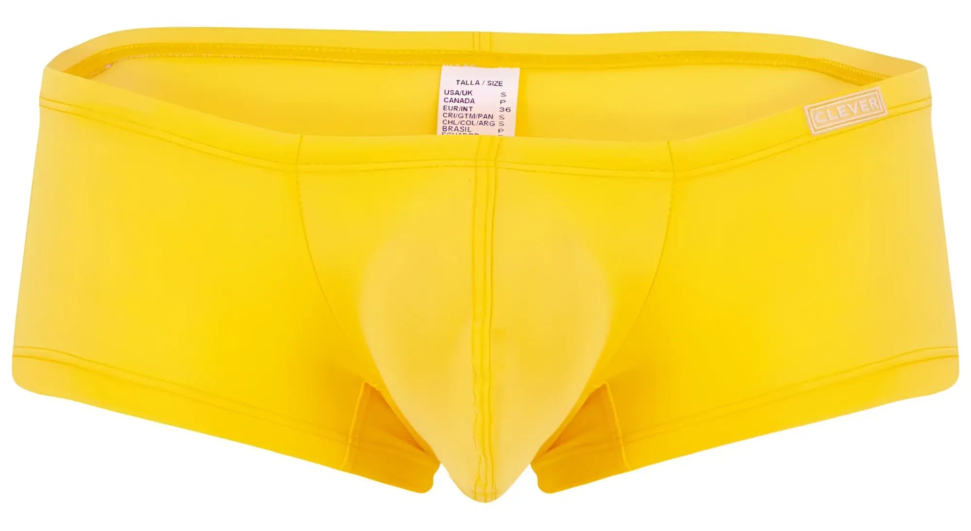 Bright yellow clever 229956 men’s briefs with supportive molded pouch and small brand label on waistband