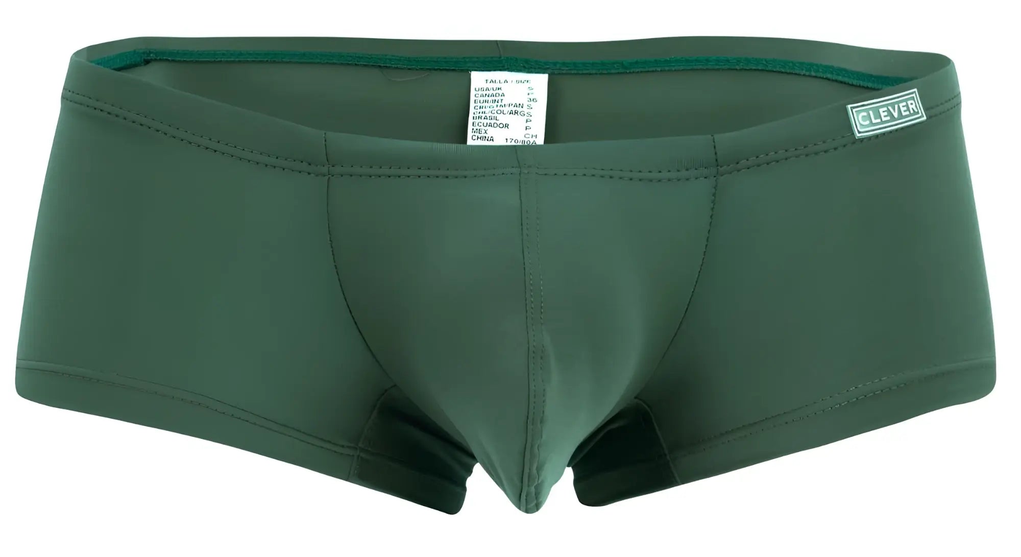 Dark green form-fitting swim trunks with subtle seam design and clever logo on waistband from clever 229956 12pk australian latin trunks