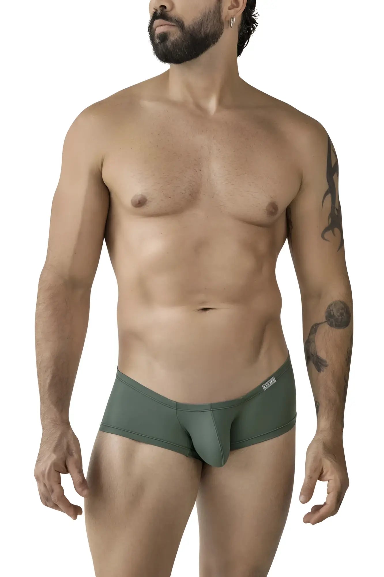 Olive green stretch fabric briefs with contoured design and clever logo waistband from clever 229956 12pk multi-colored trunks