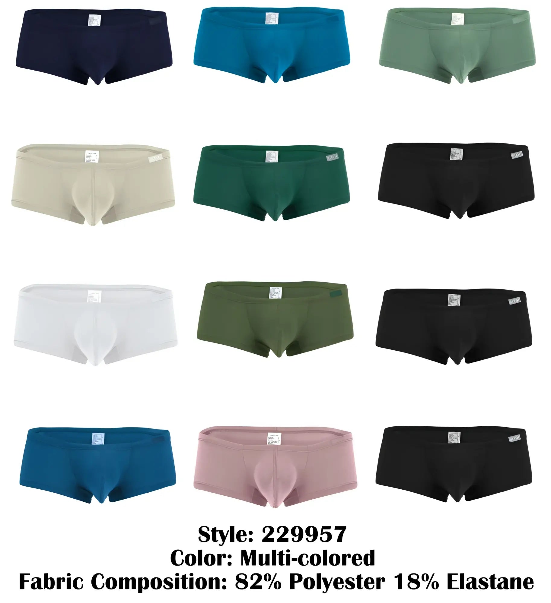 Clever 229957 12pk australian latin trunks multi-colored men’s briefs in solid navy teal olive beige dark green white and pink