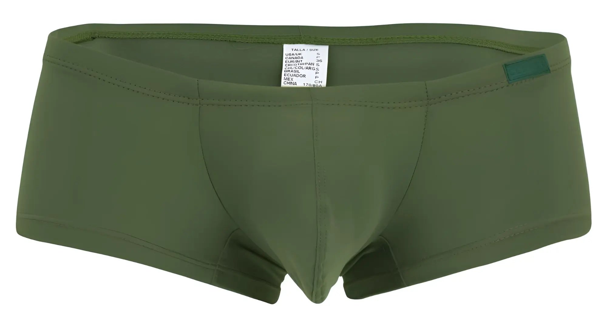 Olive green men’s briefs with smooth stretchy fabric and teal tag on waistband from clever 229957 12pk latin trunks