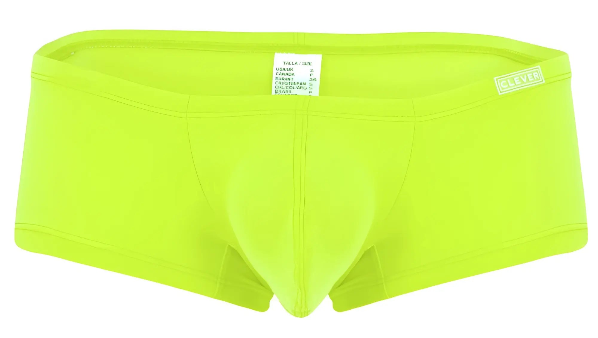 Bright neon green clever men’s briefs with supportive pouch and embroidered waistband from clever 229958 3pk trunks