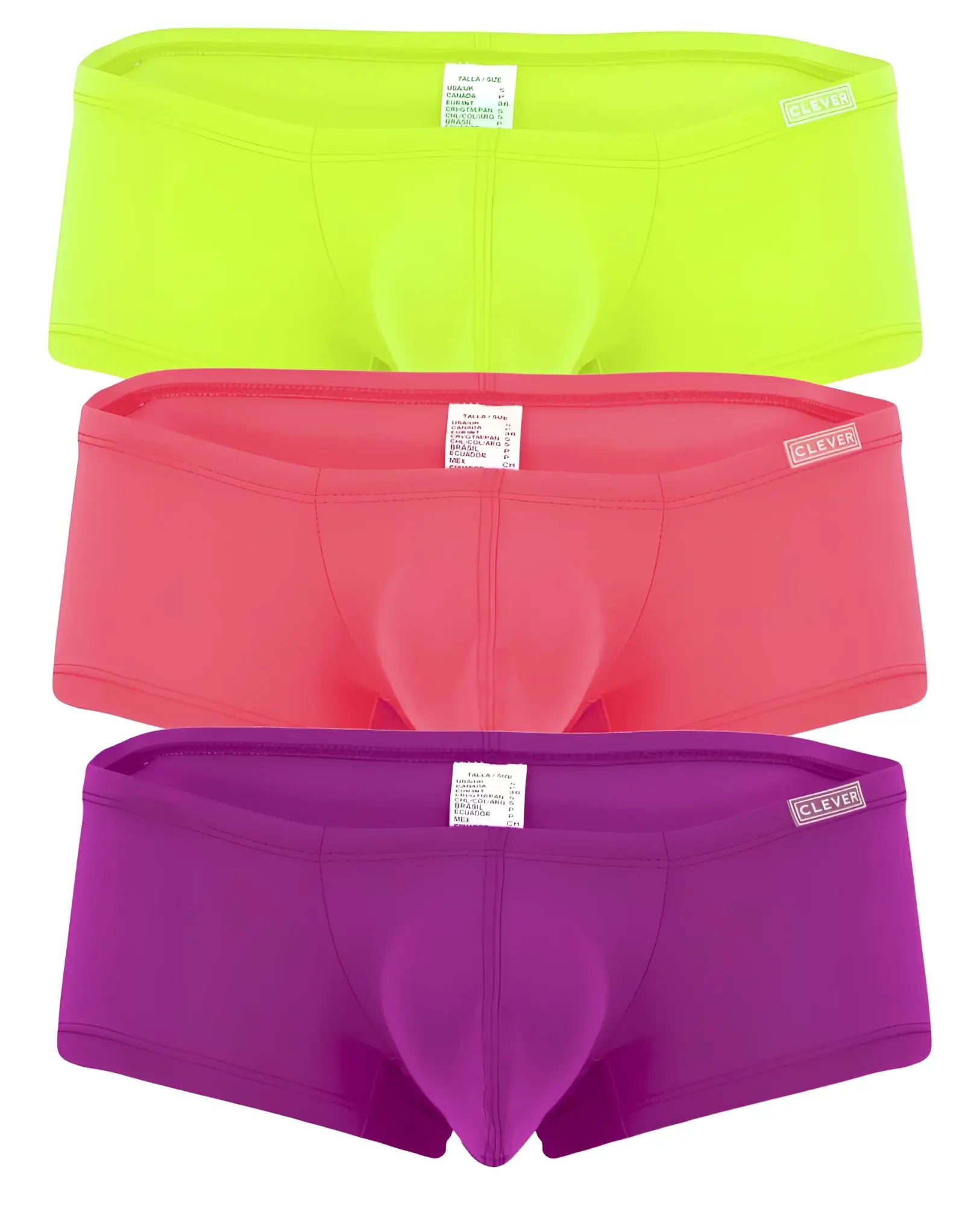 Three pairs of clever australian latin trunks in lime green coral pink and purple with elastic waistbands