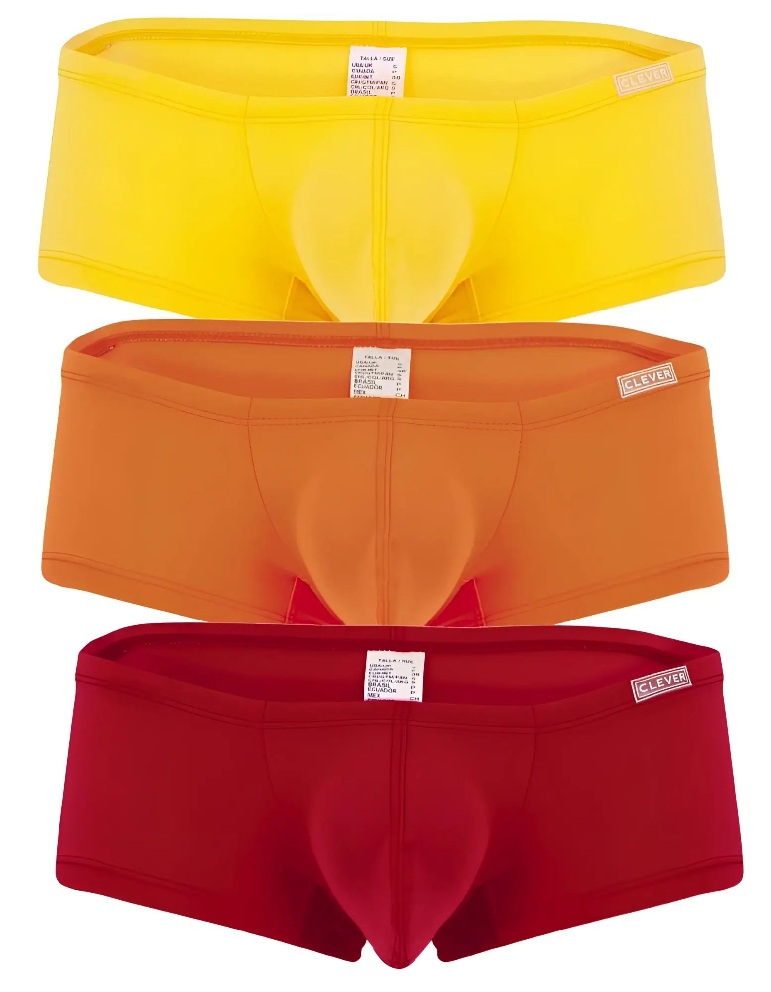 Three pairs of brightly colored form-fitting clever australian latin trunks in yellow orange and red multi-colored pack