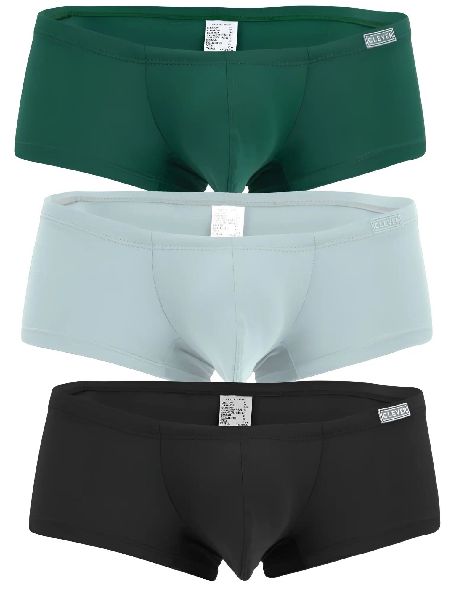 Three pairs of clever 229960 australian latin trunks in solid green light blue and black multi-colored briefs
