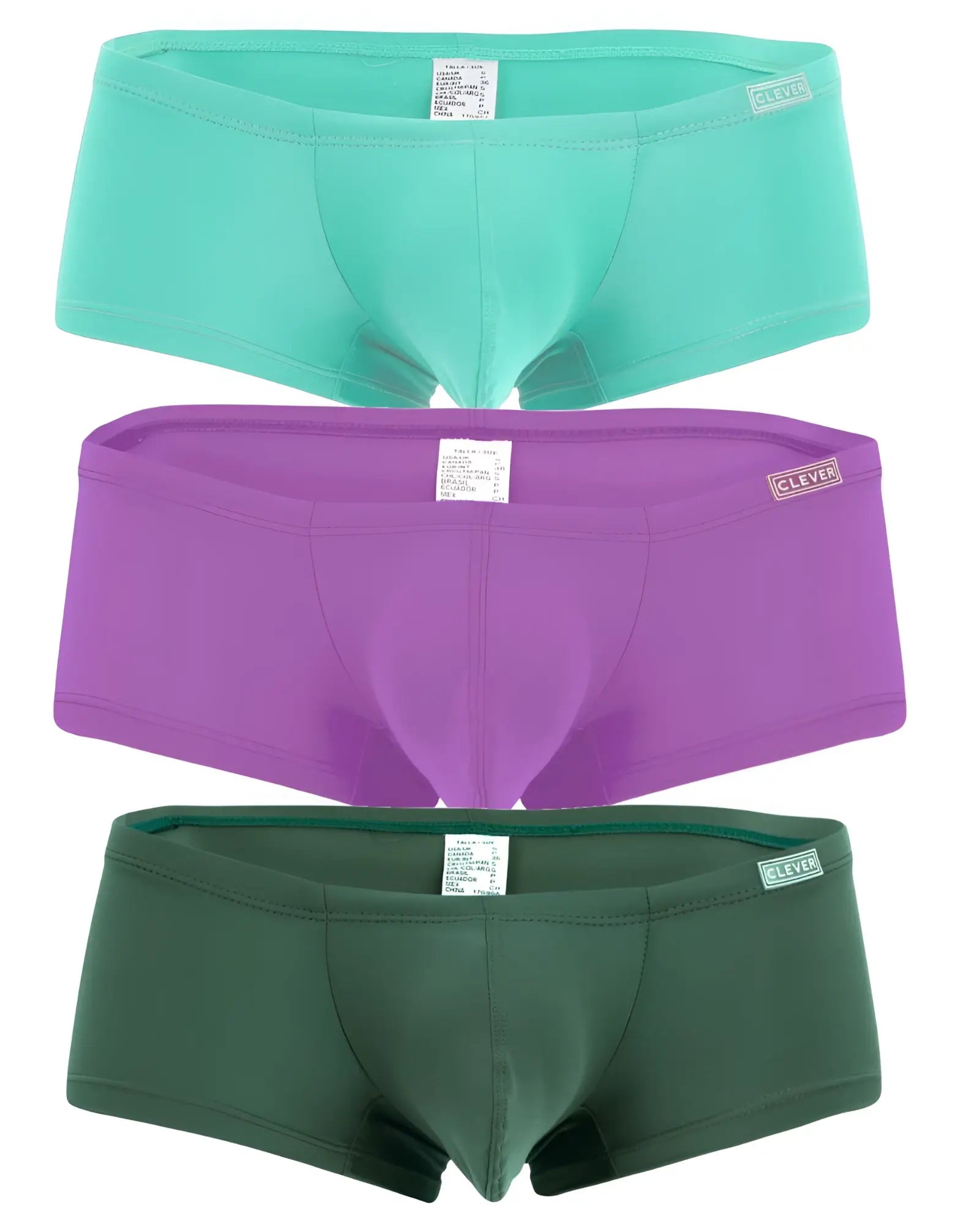 Three pairs of clever brand men’s australian latin trunks in solid teal purple and dark green colors