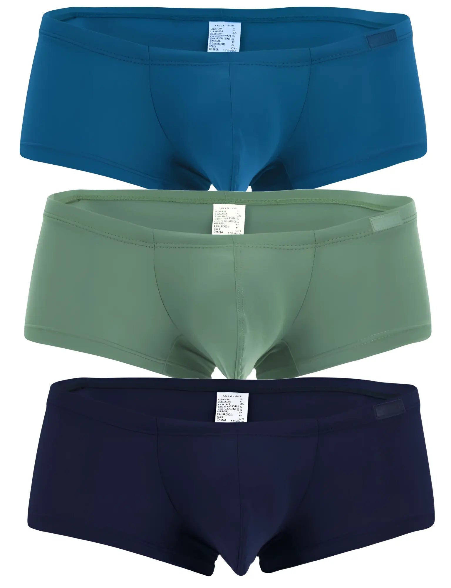 Three pairs of clever 229962 australian latin trunks in blue olive green and navy blue mens briefs in solid colors