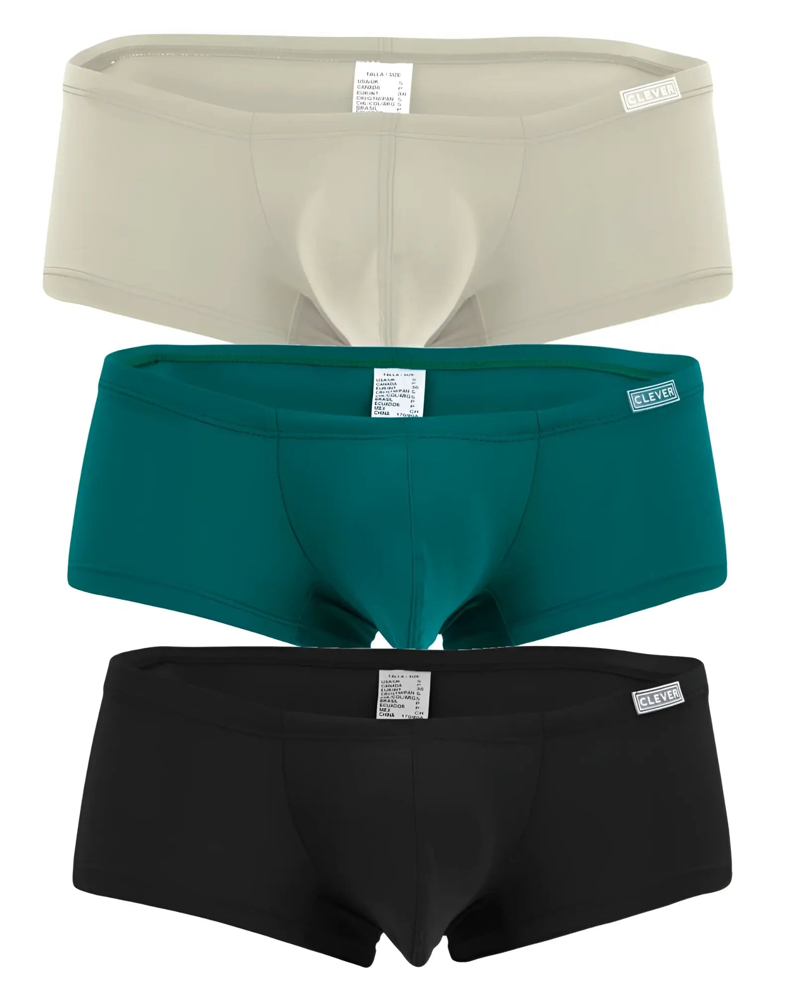 Three pairs of clever brand men’s briefs in beige teal and black australian latin trunks for everyday comfort