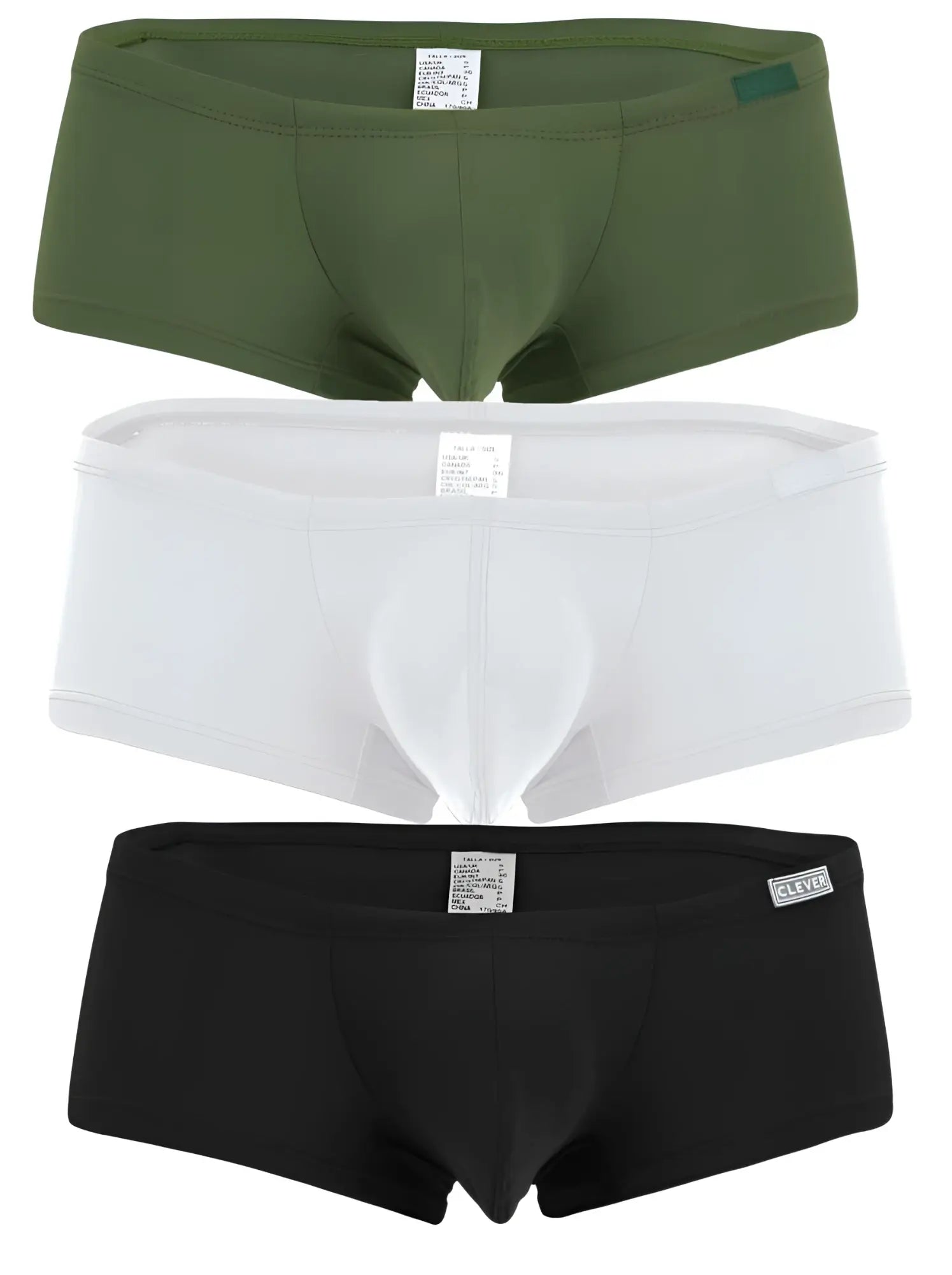 Three pairs of clever australian latin trunks briefs in olive green white and black multicolored design