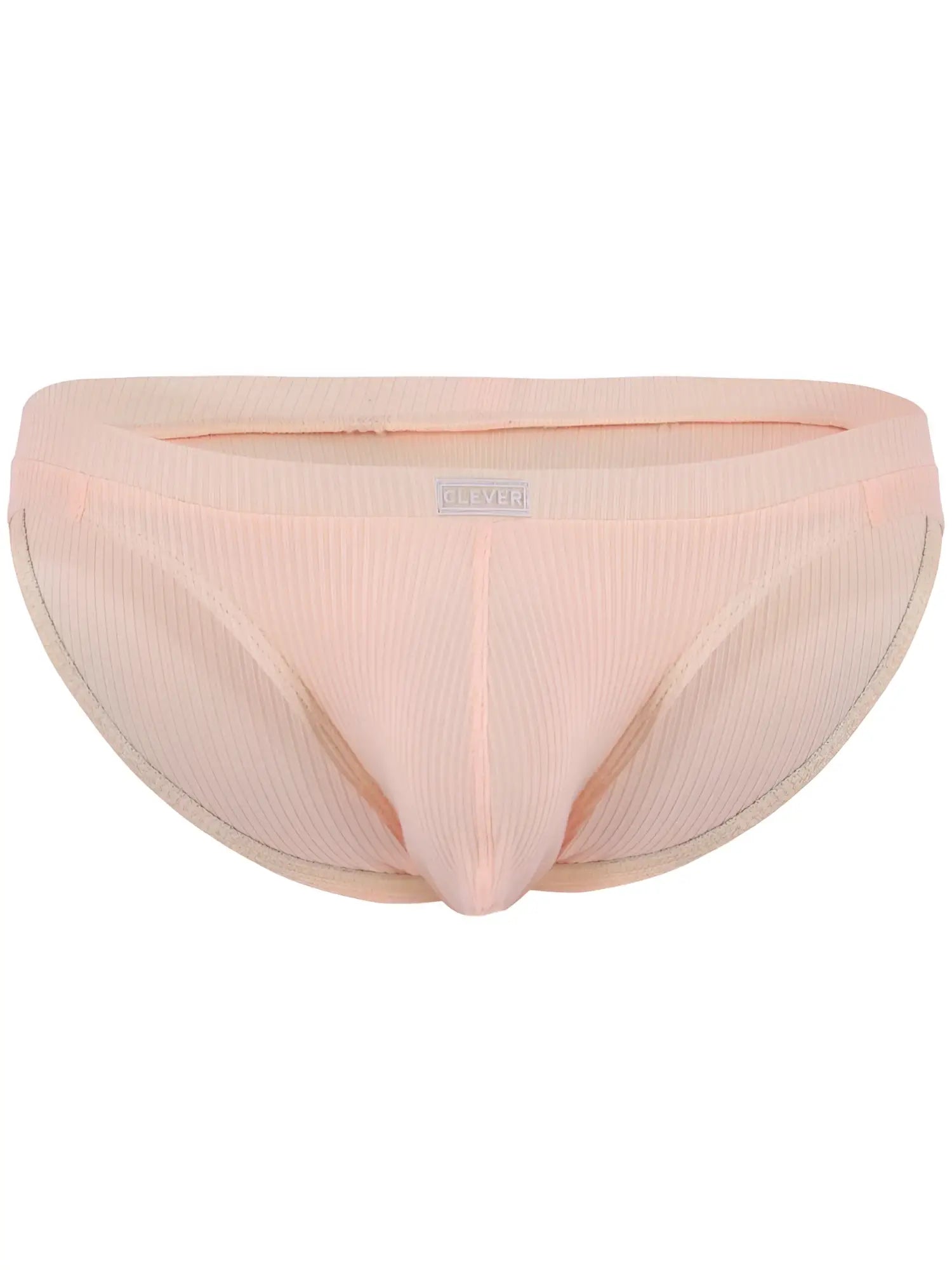 Pastel pink ribbed men’s briefs with subtle brand tag on waistband for comfortable everyday wear