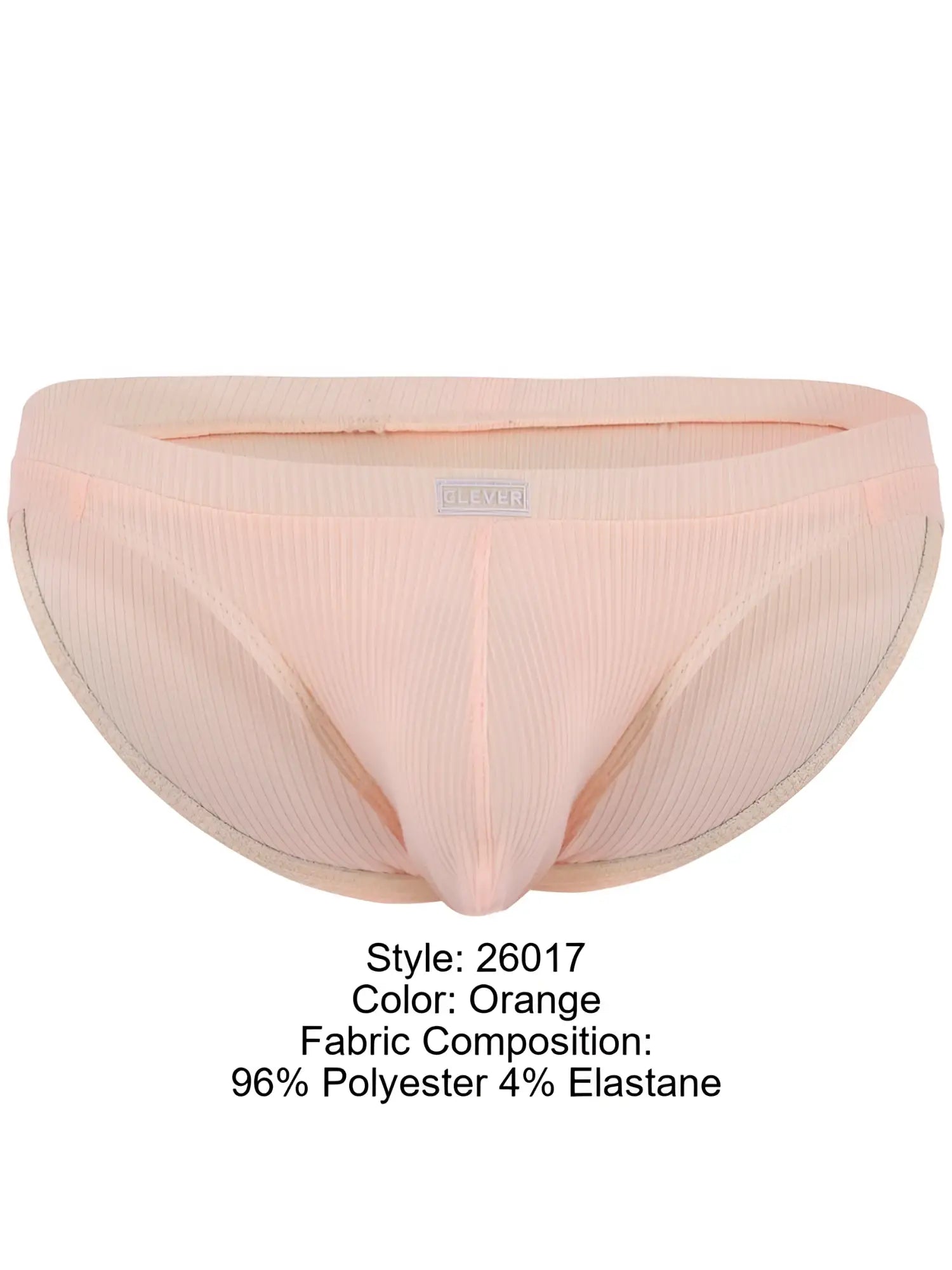 A peach-colored ribbed men’s brief with smooth elastic waistband and subtle stitching in vibrant orange color