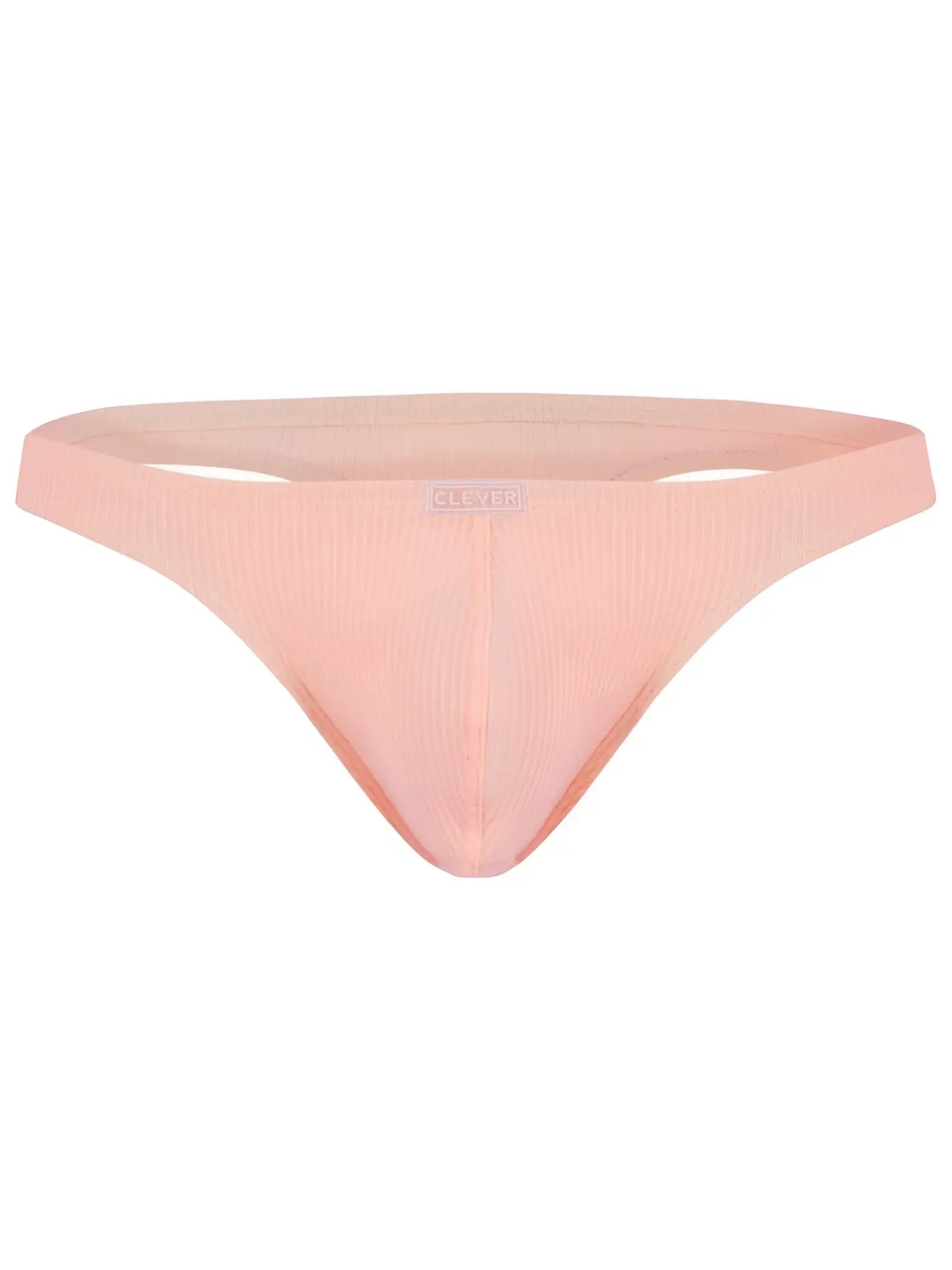 A soft peach-colored ribbed fabric thong with subtle brand tag at waistband from Clever 26020 Apolo collection
