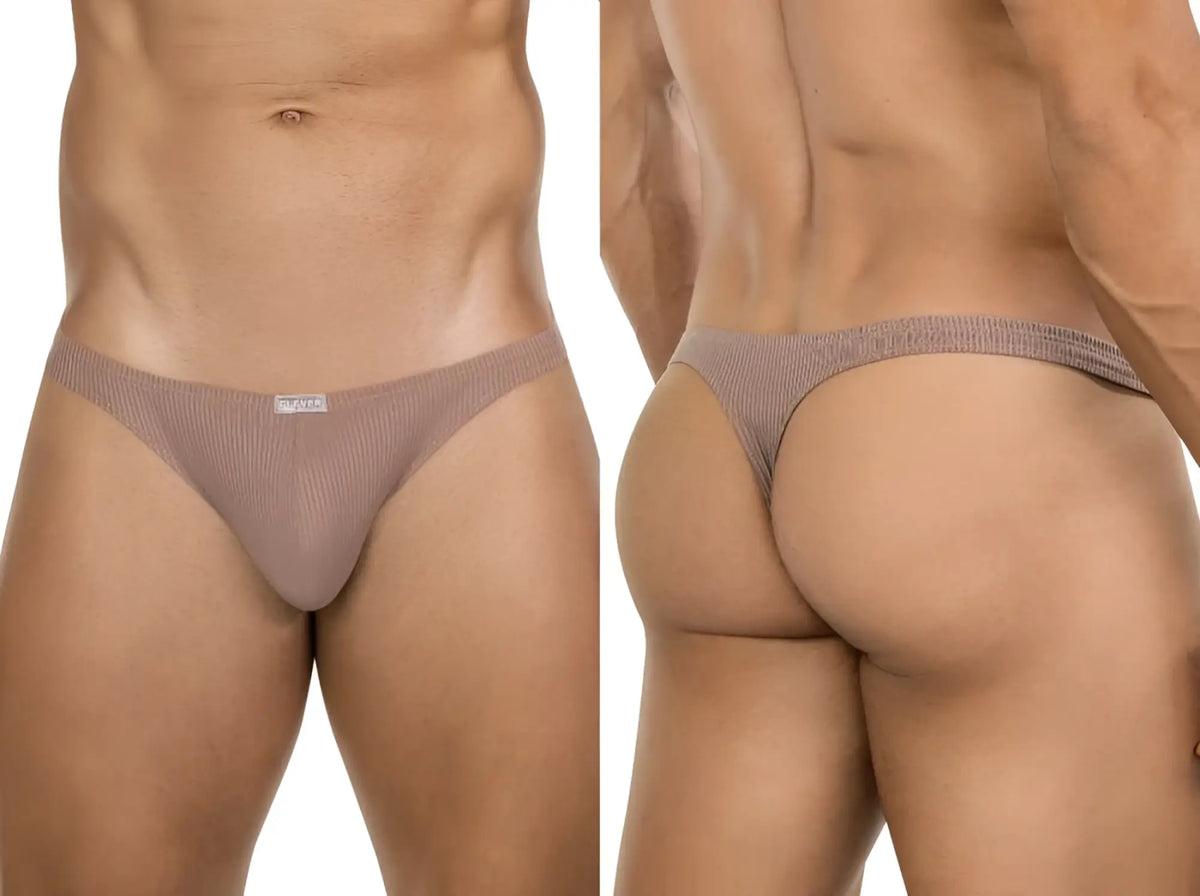 Beige ribbed mesh thong with a small white Clever brand tag in front minimalist sophistication and superior fit