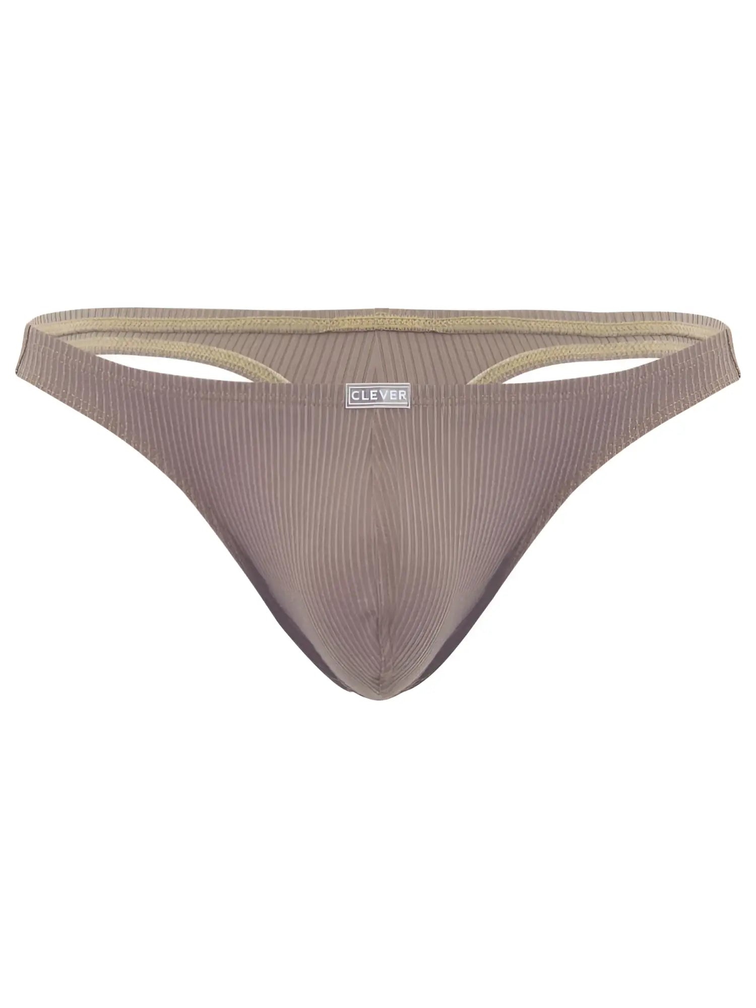 Beige ribbed cotton briefs with subtle gold trim and clever brand label for minimalist sophistication and superior fit