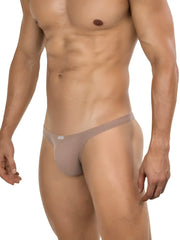 Beige ribbed men’s thong with small Clever brand tag on waistband designed for minimalist sophistication and fit