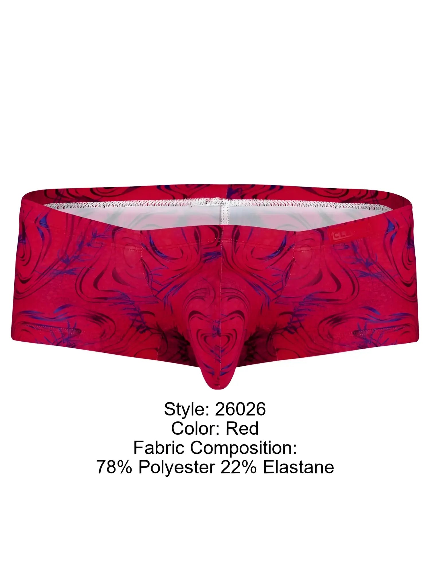 Red men’s briefs clever 26026 helion trunks with bold swirling purple and black pattern in vibrant modern style