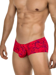 Vibrant red clever 26026 helion trunks with swirling purple and black abstract pattern for bold modern style