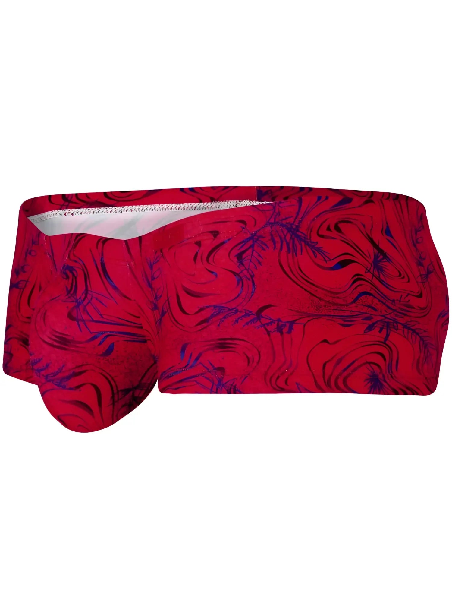 Men’s Clever 26026 Helion trunks with red and purple marbled pattern and white inner lining in bold vibrant style