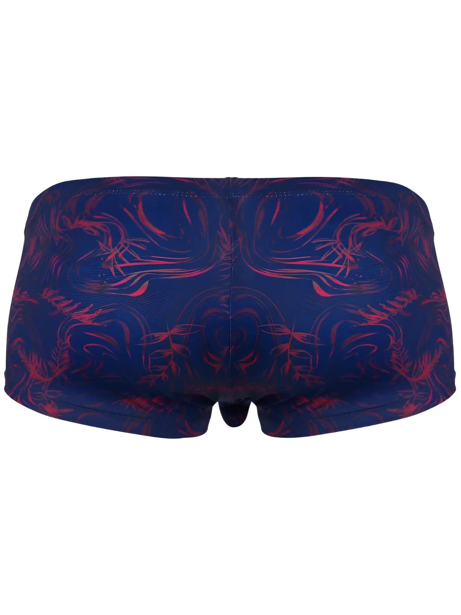 Dark blue clever 26027 helion swim trunks with vibrant red abstract pattern offering dynamic comfort and bold style