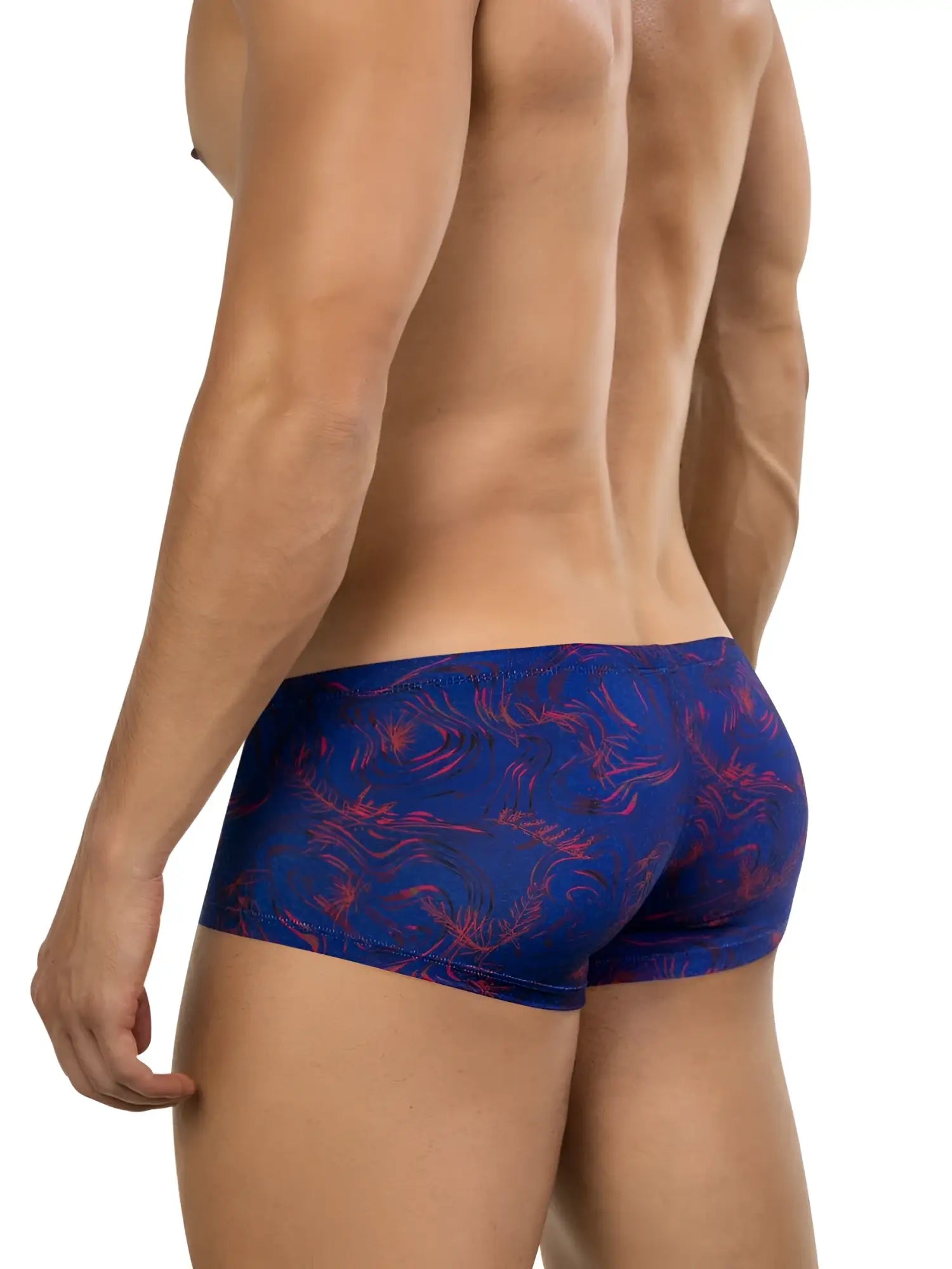 Clever 26027 helion blue swim trunks featuring blue and red tropical leaf pattern for dynamic comfort and bold style