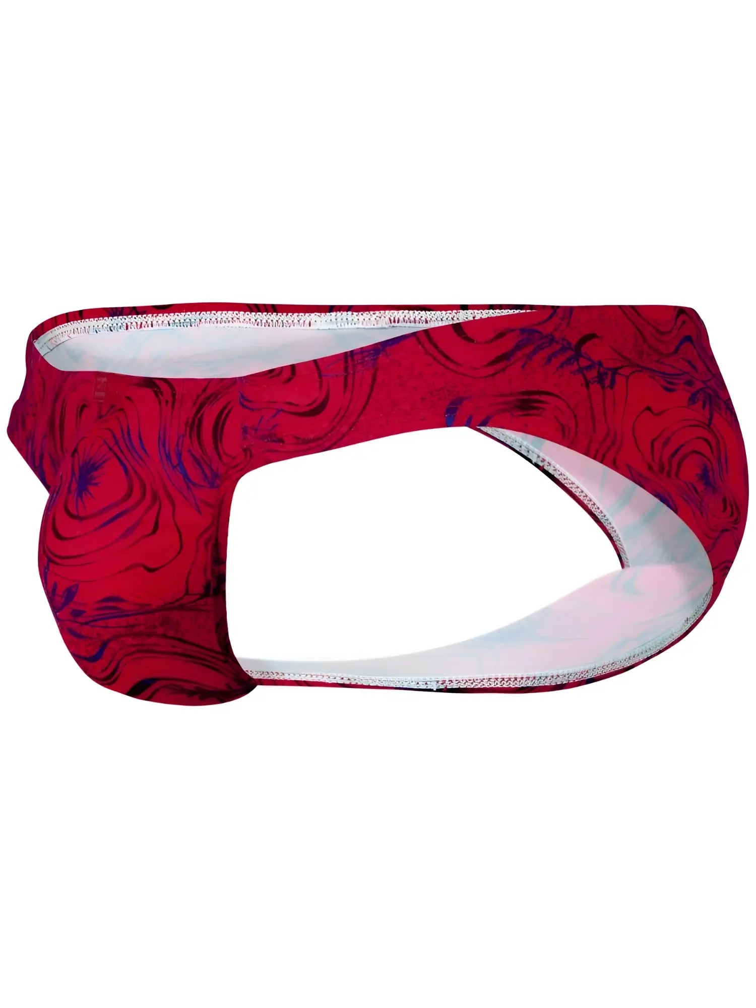 Red and blue marbled patterned swim trunks with white interior lining from clever 26028 helion bikini collection