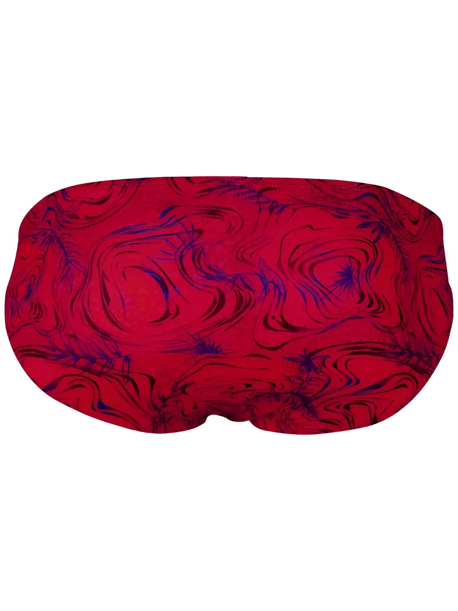A clever 26028 helion bikini in vibrant red with a soft fabric texture featuring a bold red and purple marbled sleep mask design