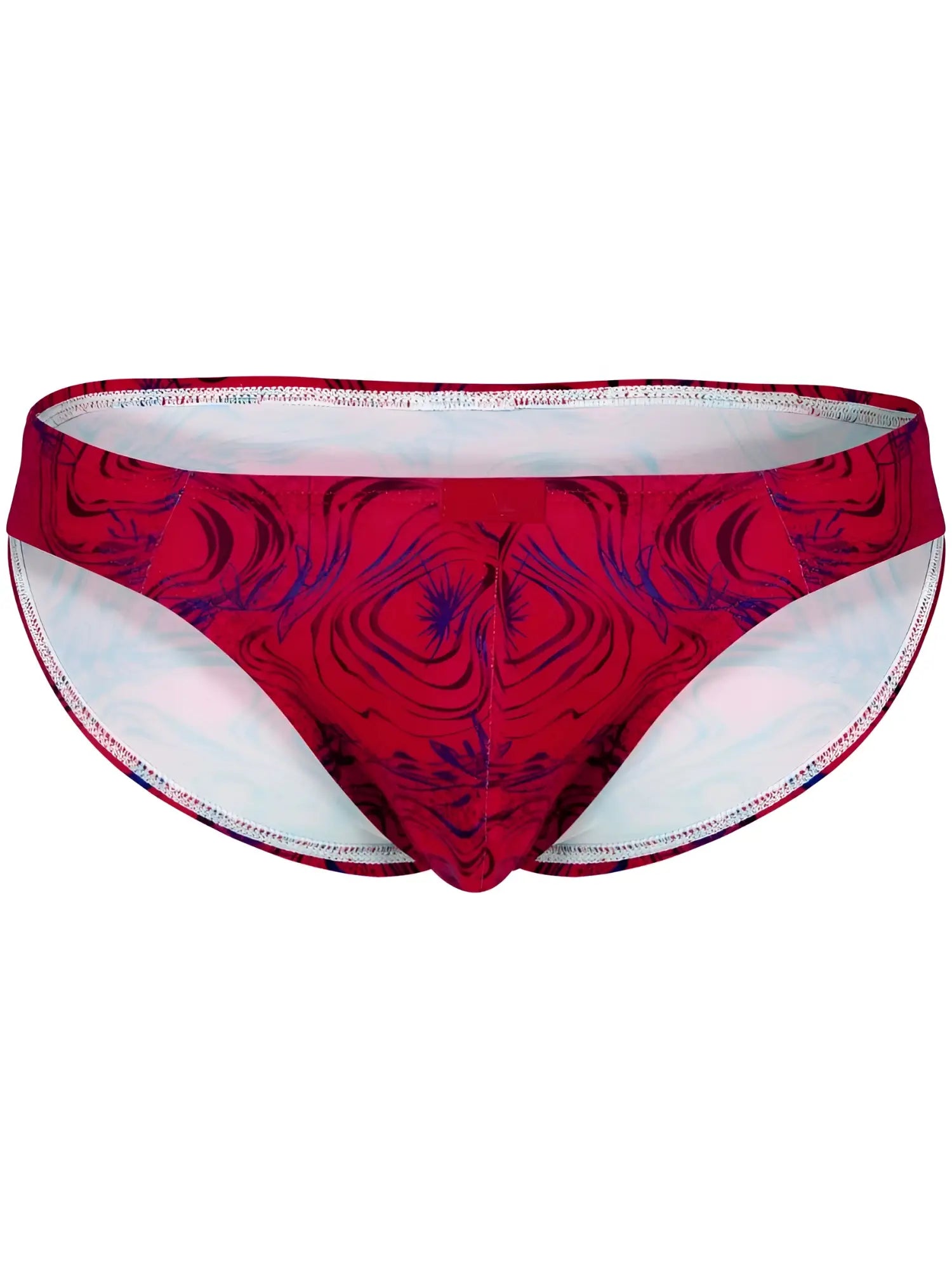 Red and purple patterned clever 26028 helion bikini swim trunks with white interior lining for bold modern style