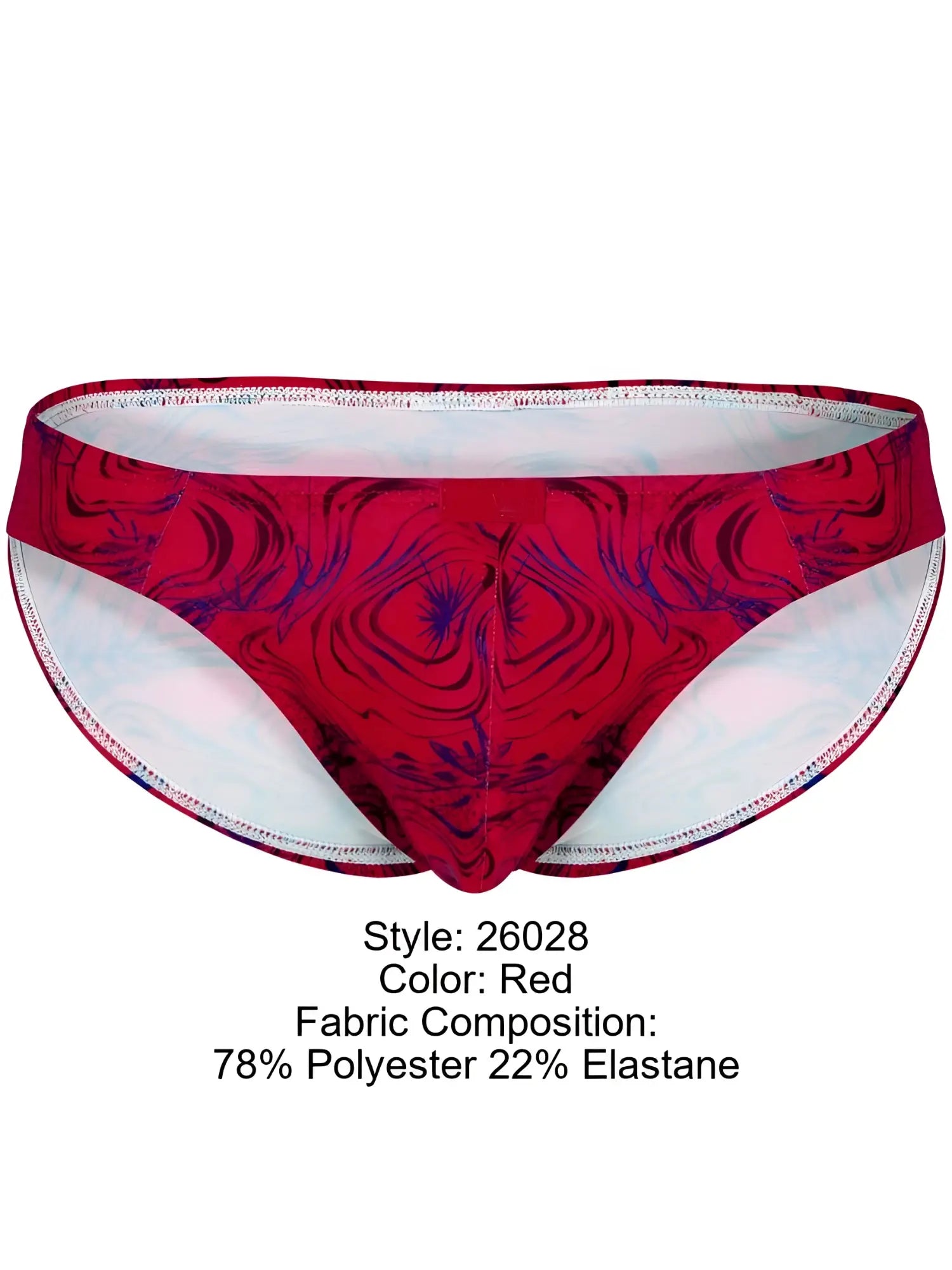 Red swim trunks from Clever 26028 Helion Bikini featuring a bold swirling maroon and dark purple abstract pattern