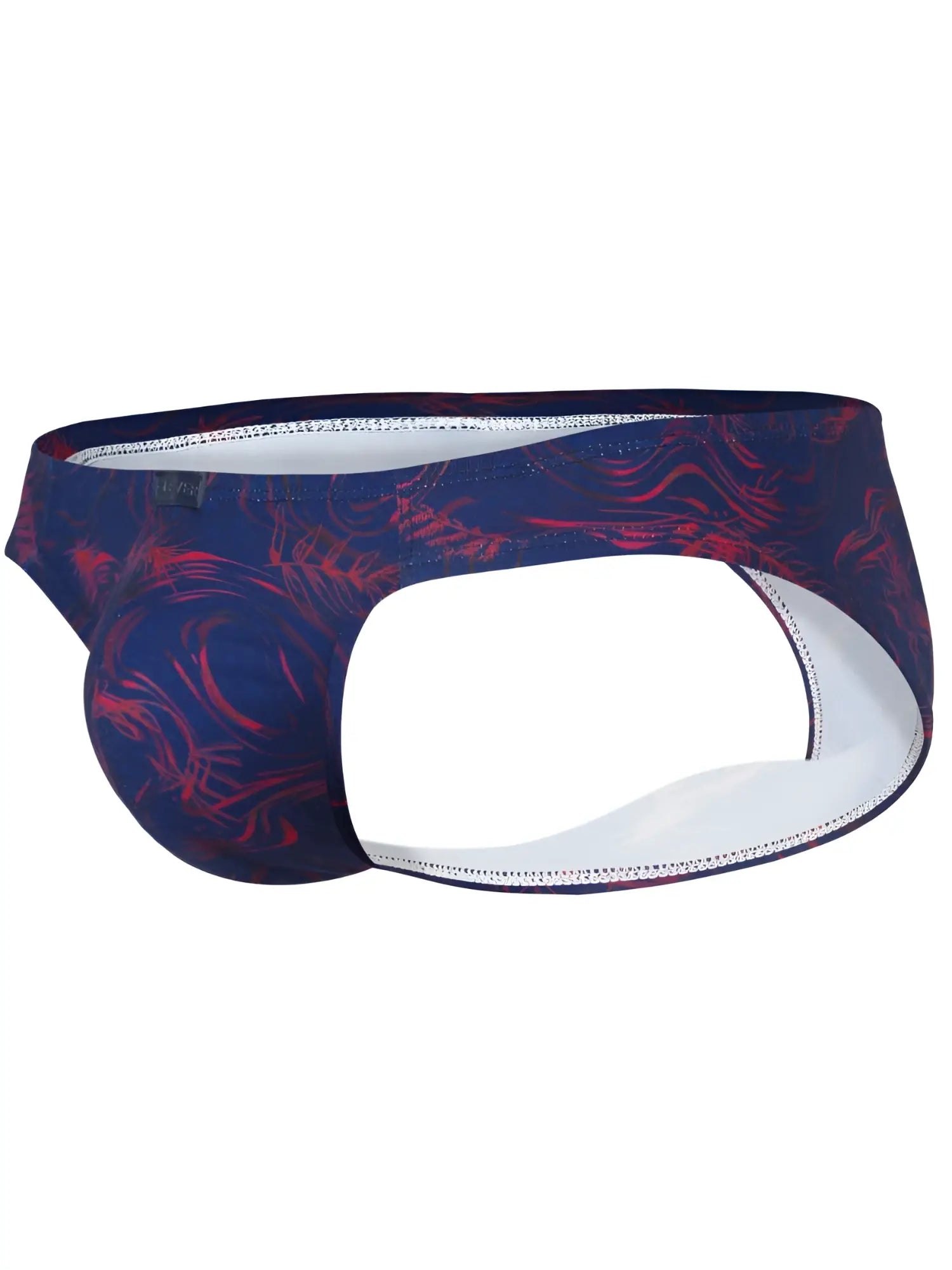 Clever 26029 Helion bikini men’s briefs in vibrant blue with dark blue and red abstract pattern and white lining