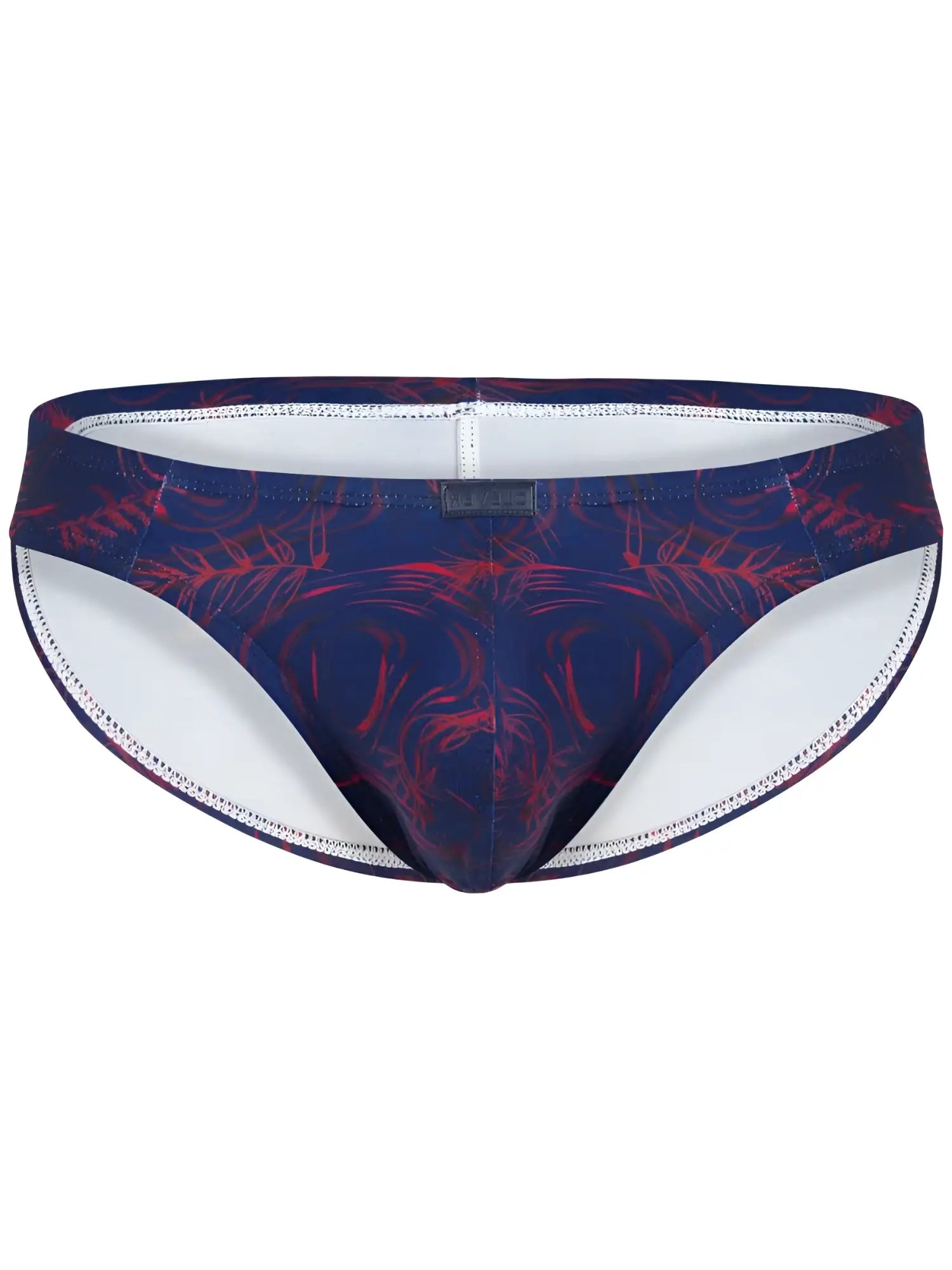 Navy blue and red tropical leaf patterned swim trunks with white lining for vibrant blue clever 26029 helion bikini