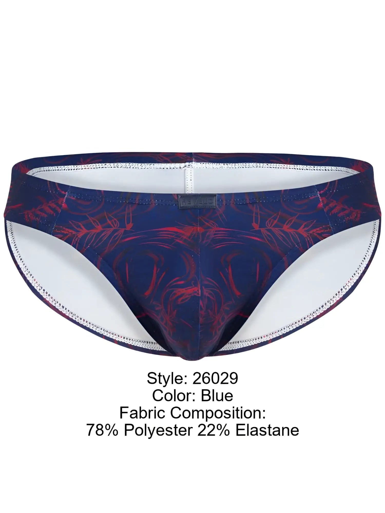 Blue patterned clever 26029 helion bikini swim trunks with dark navy base red abstract designs and white interior lining