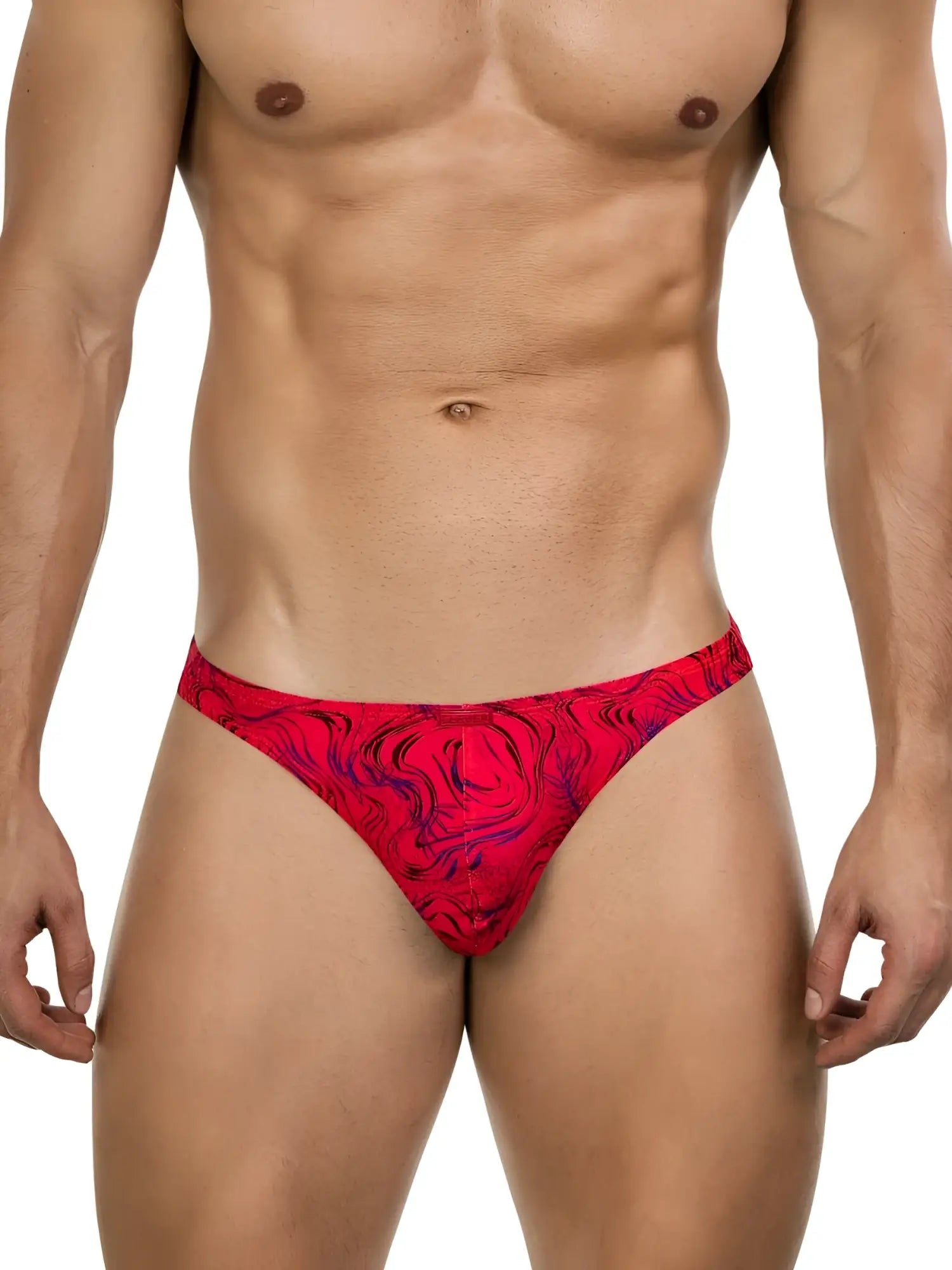 Men’s thong in red with bold purple marbled pattern by clever 26030 helion thongs for vibrant style