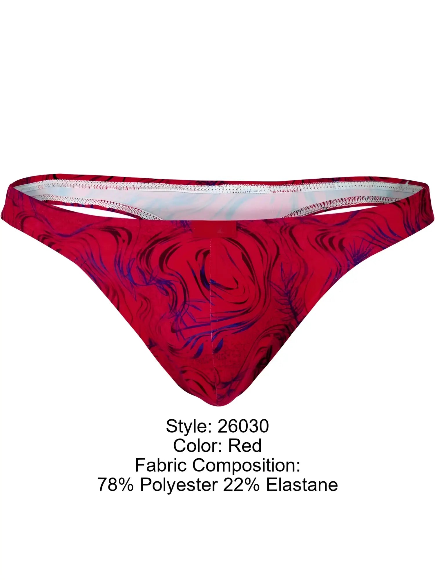 Red clever 26030 helion thong with swirling purple and black pattern made of 78 polyester 22 elastane material