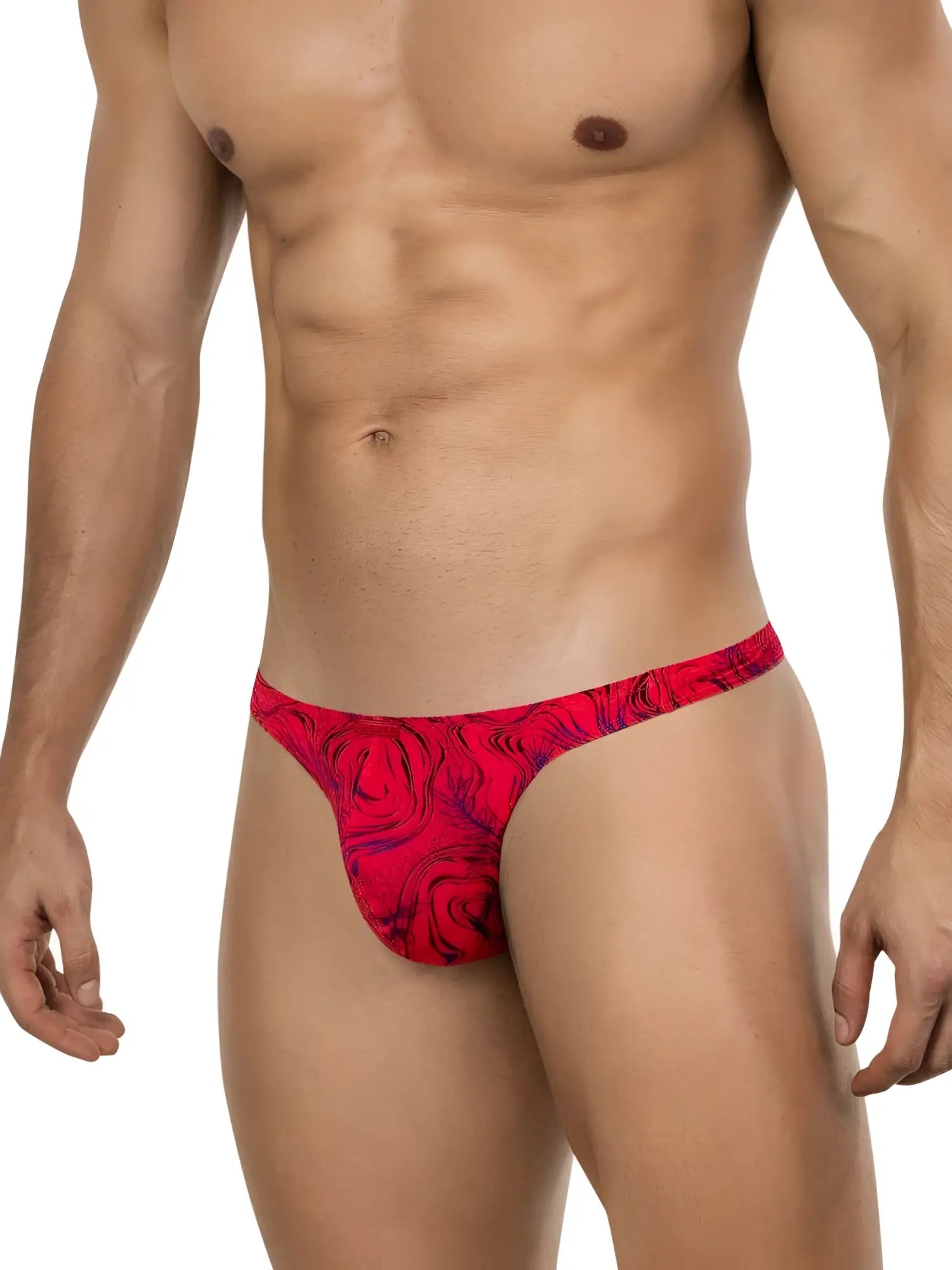 Red clever 26030 helion thong with swirling rose pattern in darker red and purple hues for bold vibrant wear