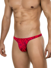 Red clever 26030 helion thong with swirling rose pattern in darker red and purple hues for bold vibrant wear