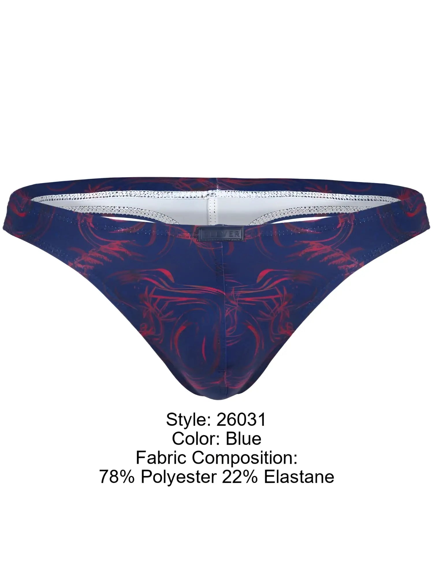 Blue clever 26031 helion thong with red and black abstract pattern made from 78 polyester 22 elastane for comfort