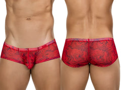 Red lace briefs with a swirling dark pattern and a matching elastic waistband.