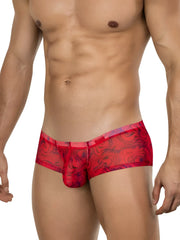 Red and purple patterned men’s briefs with sheer flowing design clever 26032 calipso trunks bold sophistication