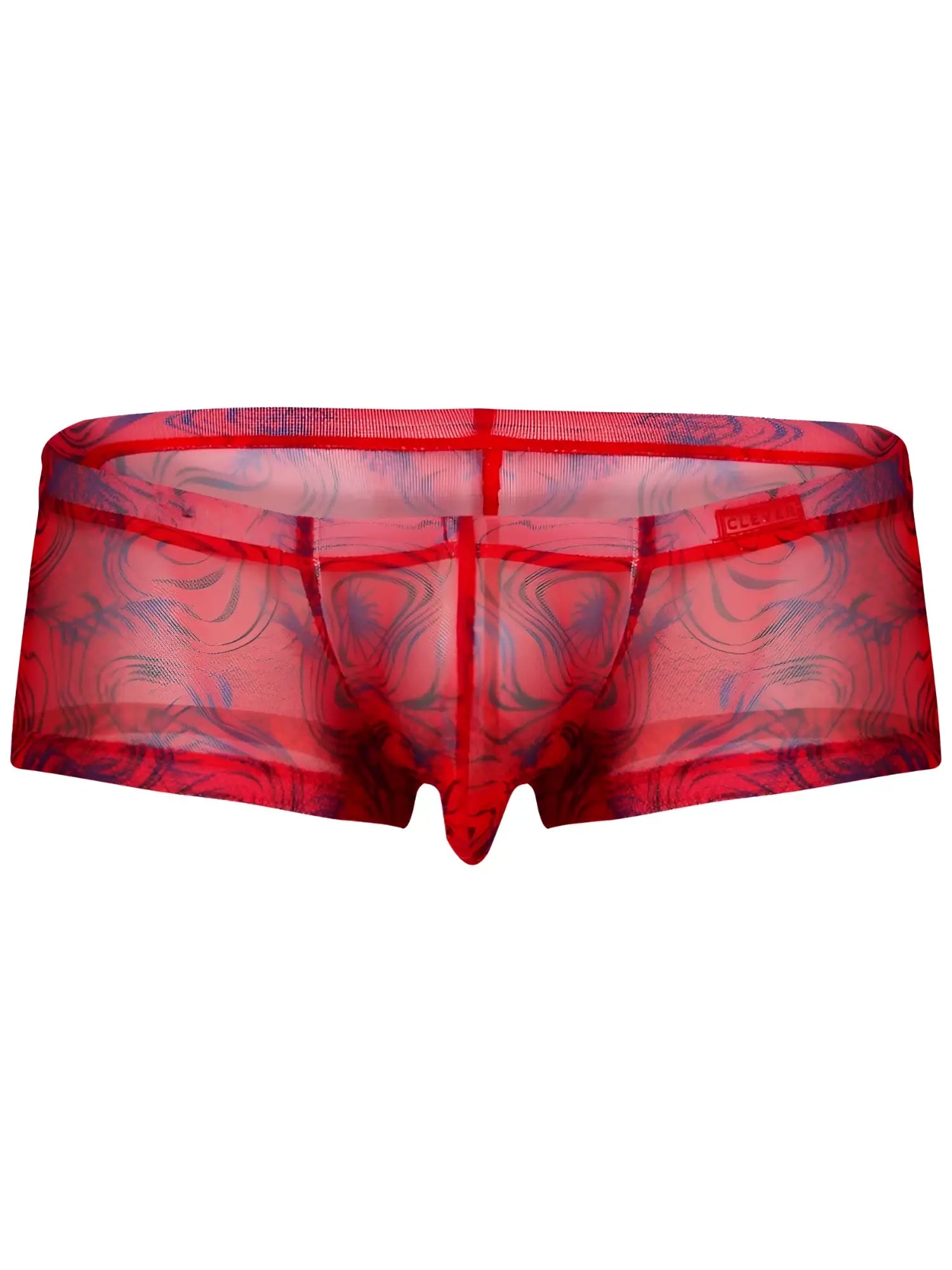 Red sheer mesh Clever 26032 Calipso trunks with subtle blue and purple floral pattern for bold sophistication