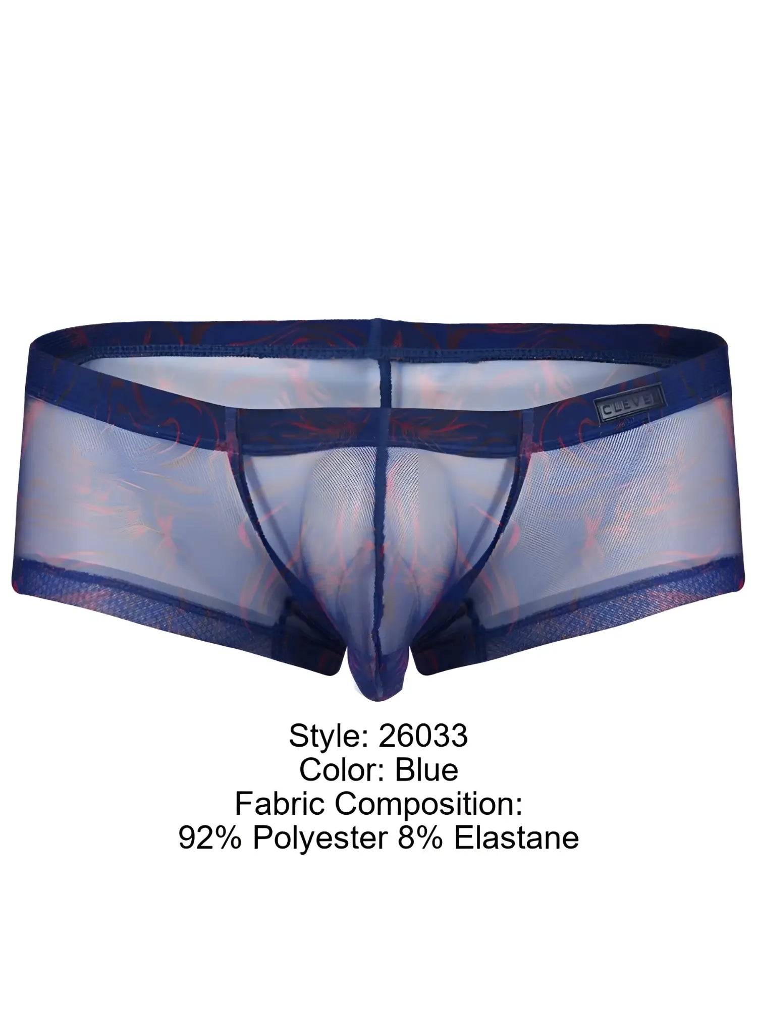 Blue sheer mesh briefs with elastic waistband and subtle red and pink floral pattern from clever 26033 calipso trunks