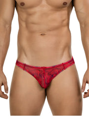 Red lace thong bikini with swirling dark pattern from clever 26034 calipso in bold modern red elegance