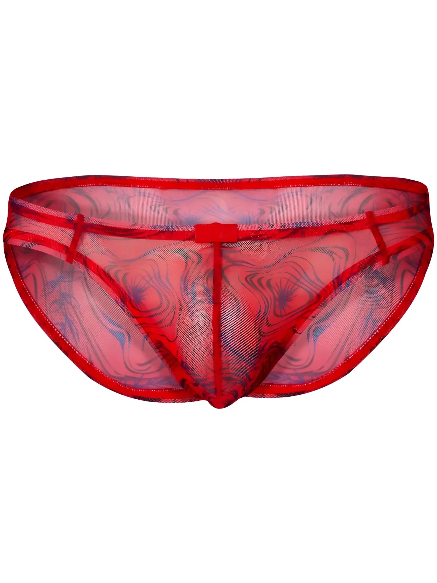 Red mesh briefs with a swirling blue and black pattern from clever 26034 calipso bikini bold and modern elegance collection