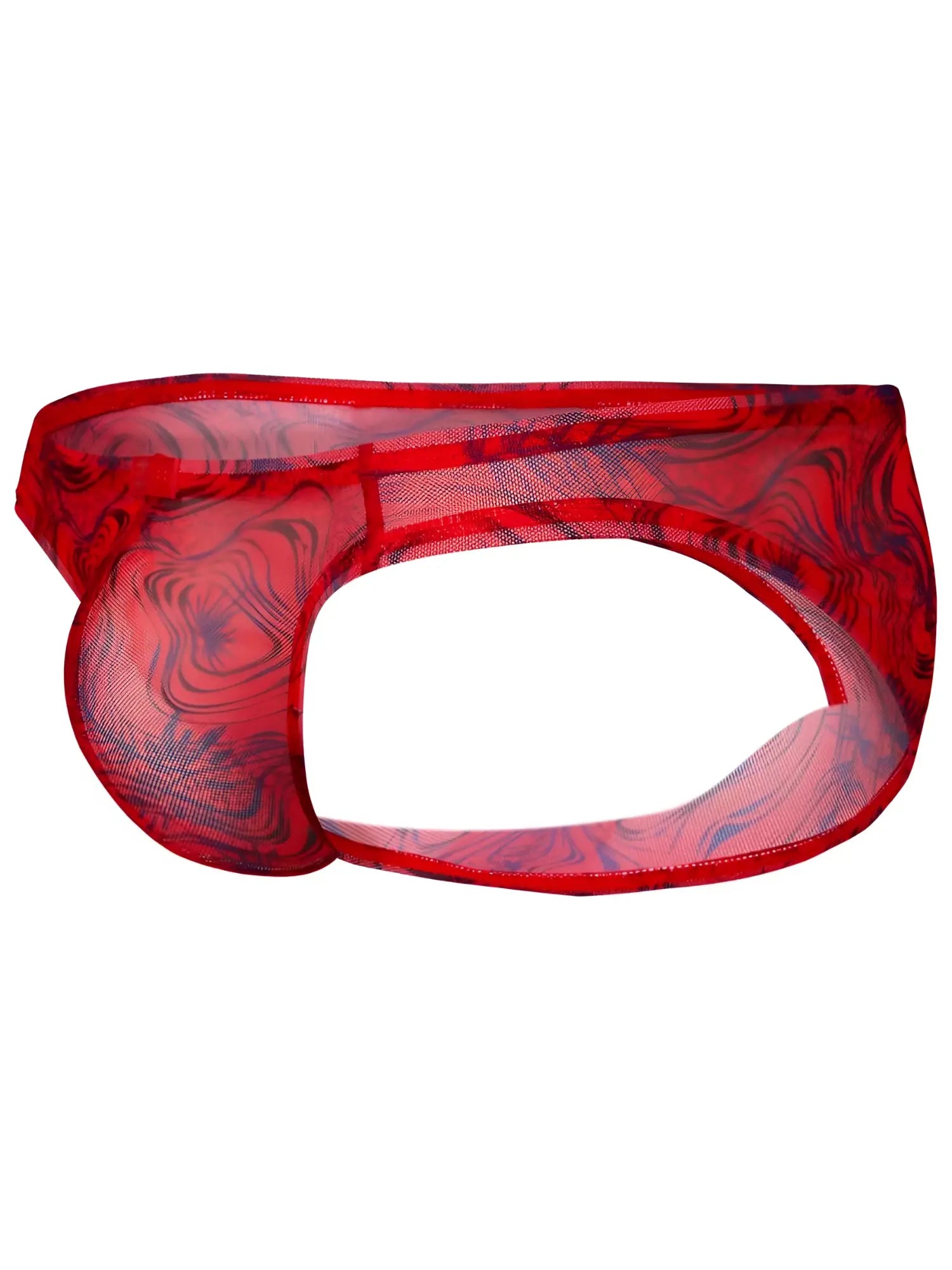 Red sheer mesh briefs with a dark blue swirling pattern from clever 26034 calipso bikini for bold modern elegance
