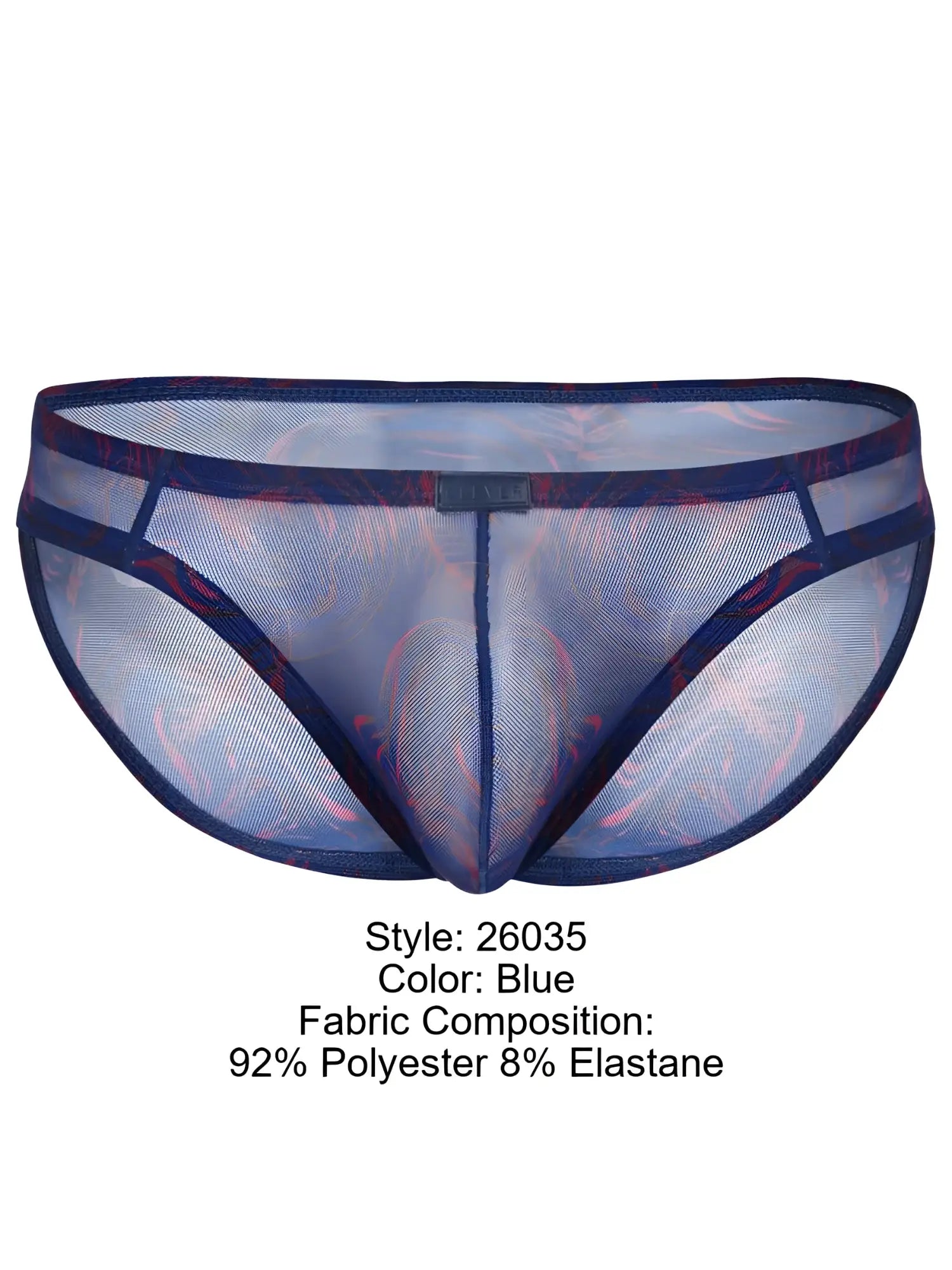 Blue sheer mesh briefs with a subtle red and purple floral pattern and dark blue trim from Clever 26035 Calipso Bikini