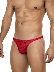 Red lace Clever 26036 Calipso thong in red with intricate black and blue swirling patterns for sleek and sophisticated support