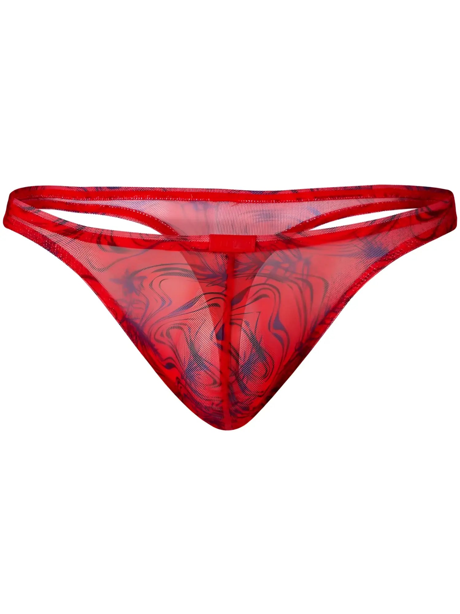 Red sheer mesh thong with bold blue and black abstract swirl pattern from clever 26036 calipso thongs collection
