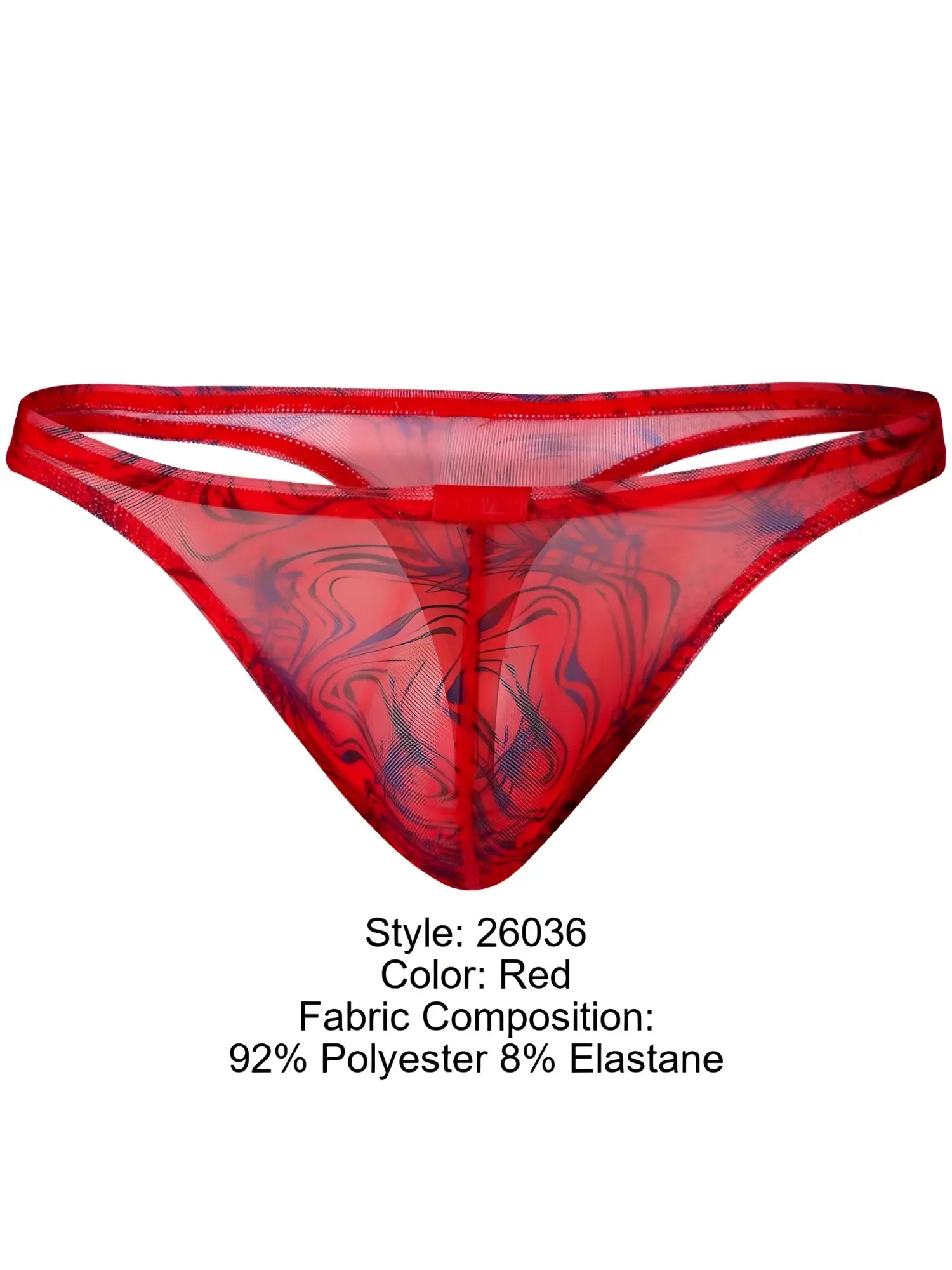 Red sheer mesh thong with swirling blue pattern from Clever 26036 Calipso thongs for sleek and sophisticated support